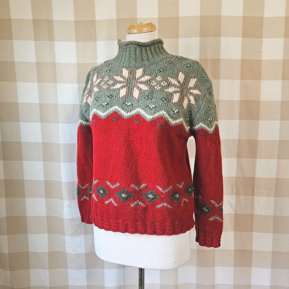 Vtg 90s Eddie Bauer M Petite 100% Wool Fair Isle Snowflake Turtleneck Sweater - Picture 2 of 7